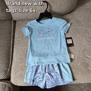 Under Armour Light Blue Tee with Blue & Pink Patterned Shorts - Girls